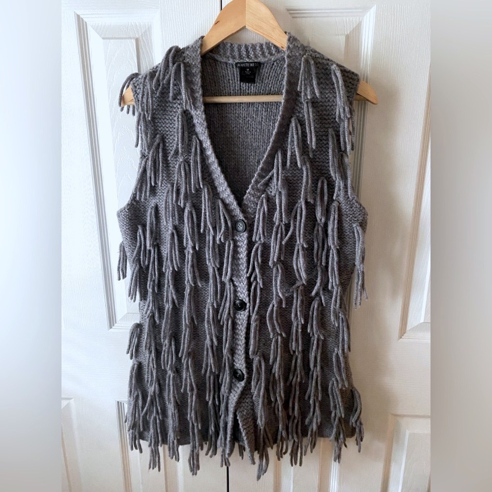 LAFAYETTE 148 Gray Wool/Silk Blend Fringed Sleeveless Longline Cardigan SZ M